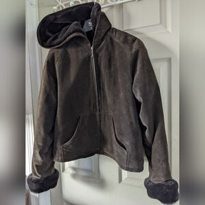 Wilson's Dk Brown Gen Suede Hoodie Style Plush Coat Pockets Sz Lg-XLg Exc Cond!